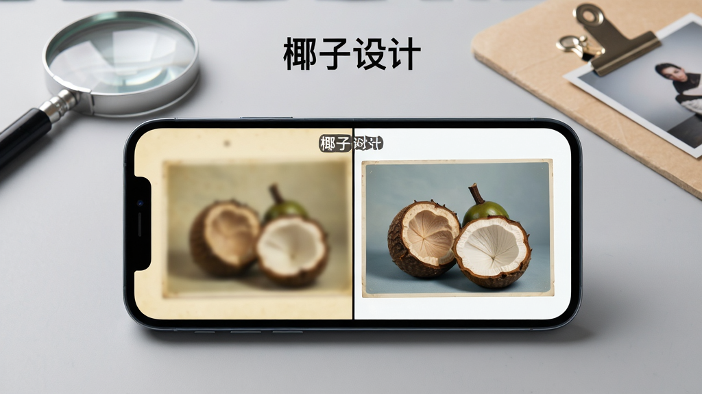 画面主体是一部手机横向放置,屏幕左右分屏展示同一张老照片的修复前后对比,左侧为模糊泛黄的老照片,右侧为清晰锐利、色彩还原后的修复效果,屏幕上方有“椰子设计”文字标识;背景为浅灰色工作台面,旁边放置放大镜和照片夹等小道具,风格写实简洁,画质清晰,光线柔和,无多余元素