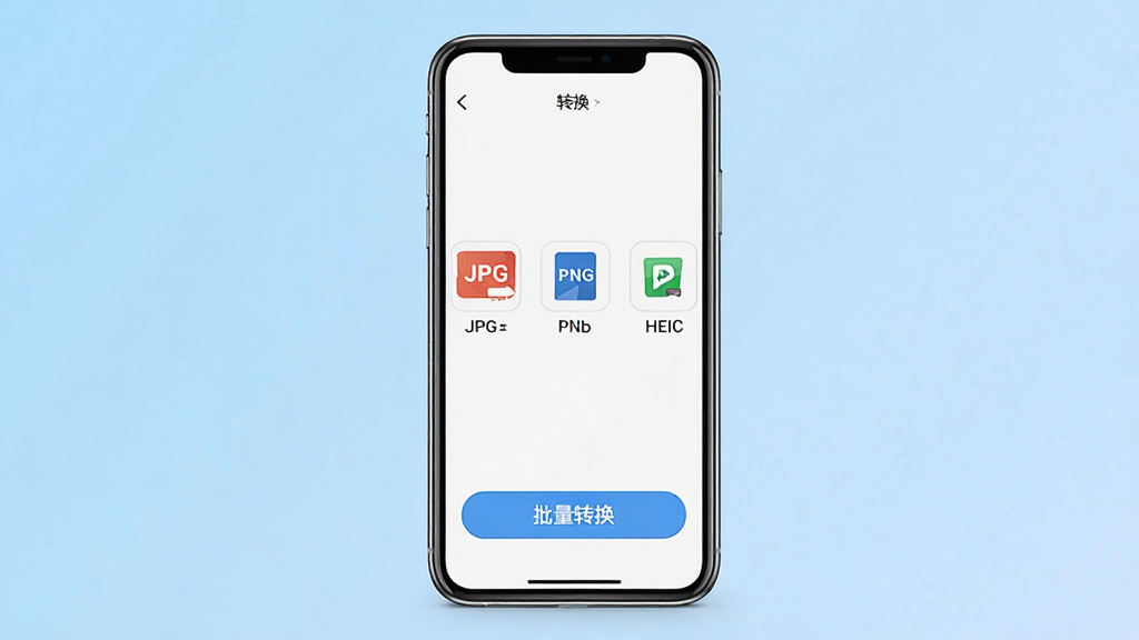 一张展示万能图片转换器手机应用界面的效果图,画面中央是手机屏幕,屏幕上显示图片格式转换功能主界面,包含JPG、PNG、WebP、HEIC等格式图标横向排列,下方有批量转换按钮,背景为浅蓝色渐变,风格简洁现代,细节清晰,画质干净,无多余元素