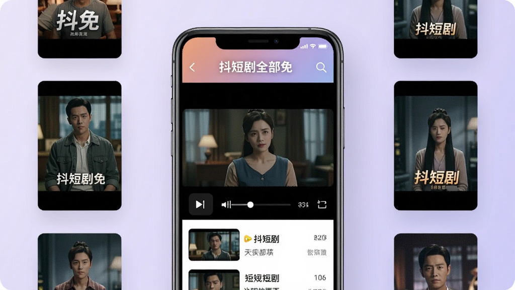 画面中央展示一部智能手机,手机屏幕上呈现短剧视频播放界面,界面顶部有