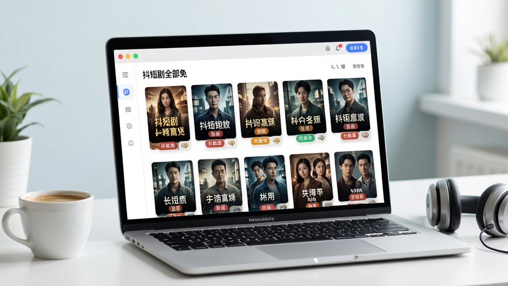 画面主体为一台打开的笔记本电脑,屏幕中显示