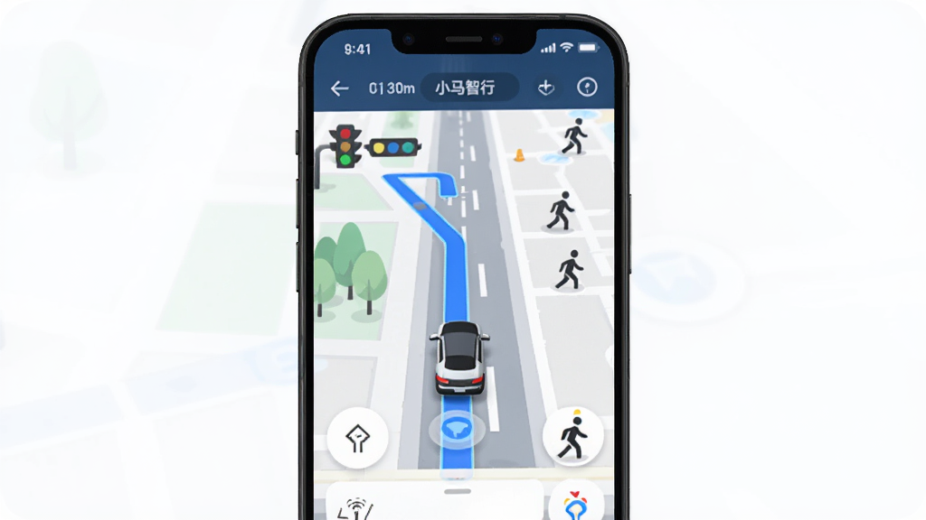�ֻ���Ļ��ʾ��С�����С��г̽��棬��ͼ������ɫ��ʻ�켣�ߣ�����ͼ����·���ƶ�����Χ�к��̵ƺ�����ͼ��ʾ�⣬����Ϊ�����ֻ�����չʾ�����Ϊ�ִ��Ƽ��廭��ϸ�ڰ����켣�ߡ�·����ʶ��״̬����Ϣ�������������ɾ����޶���Ԫ��