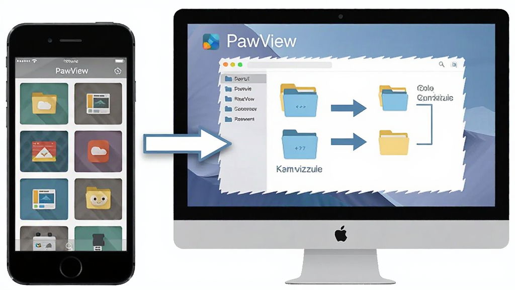 手机与电脑并排展示,手机屏幕为 PawView 图库界面,电脑屏幕为文件夹目录对比示意,画面中间有箭头连接表示文件路径对应关系,风格简洁说明型插画,细节清晰展示设备差异,画质干净,无多余元素,图片中文字为“PawView”
