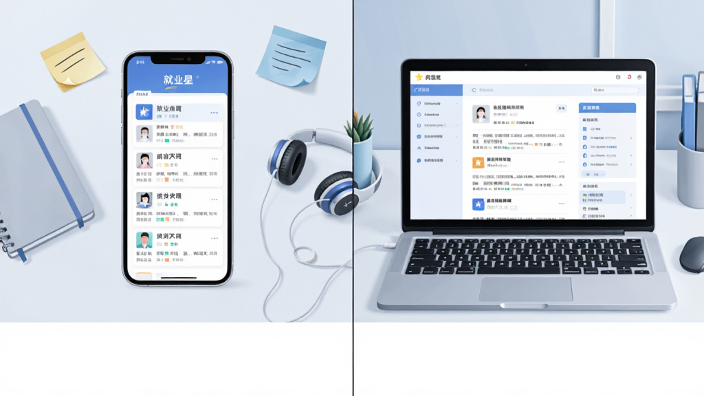 主体为手机与笔记本电脑并排展示“就业星”使用场景,手机屏幕显示岗位列表,电脑屏幕显示简历编辑页面;布局为左右并列构图,中间以细线分隔;排版简洁,设备下方留白;风格为清爽现代的办公场景插画风,浅蓝灰配色;细节包括桌面上的笔记本、便签与耳机;画质高清,画面干净,无多余元素