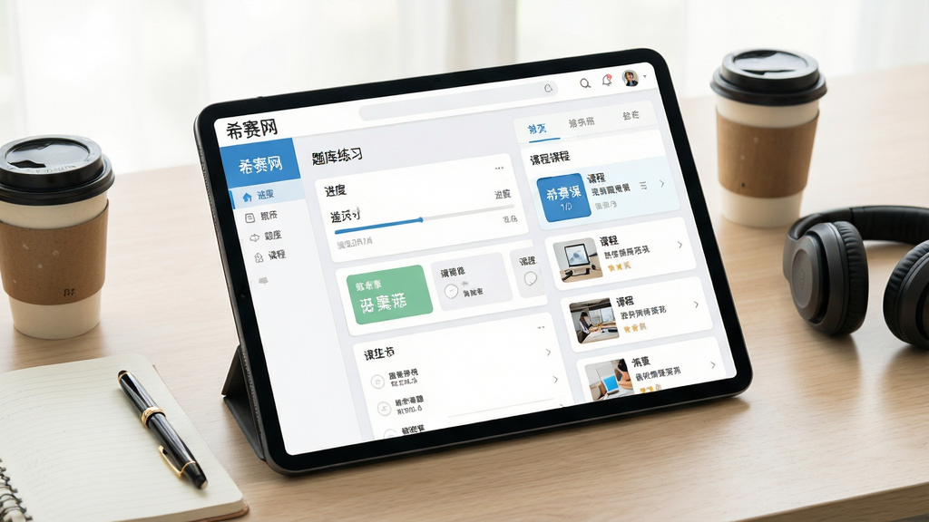 一张展示在线学习平台全貌的场景图,画面中央是一台横放的大屏平板电脑,屏幕内呈现题库练习界面与课程列表排版,平板周围散落着笔记本、钢笔、咖啡杯与耳机,背景为浅木色书桌与柔和自然光,风格为清新写实教育场景,细节包含界面上的“希赛网”文字标识、进度条与章节卡片,画质清晰干净,无多余装饰元素