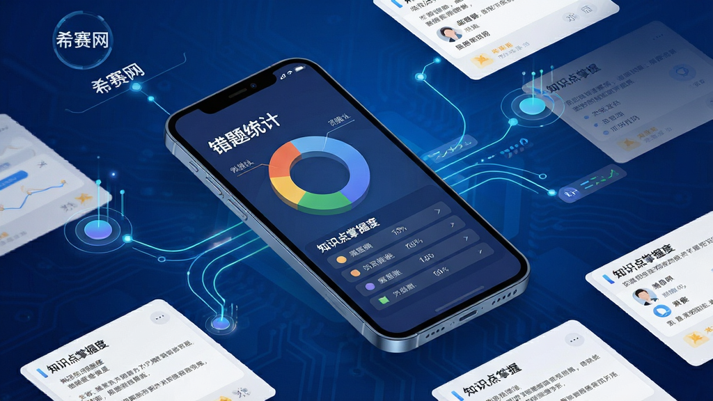一张表现智能题库分析功能的界面示意图,画面主体为悬浮的手机屏幕,屏幕内展示错题统计环形图与知识点掌握度列表,屏幕旁配有发光的连接线与数据节点,背景为深蓝色渐变科技风,细节包含“希赛网”字样与题目卡片排版,画质干净清晰,无杂乱元素