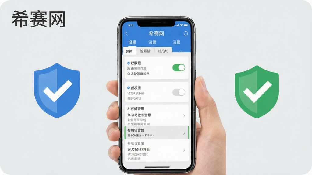 一张展示手机应用使用注意事项的示意图,画面为手持手机查看学习应用设置界面,屏幕内呈现权限开关与存储管理选项,旁边配有盾牌图标与对勾标记,背景为浅灰色简洁风格,细节包含“希赛网”文字与设置列表排版,画质干净清晰,无多余元素
