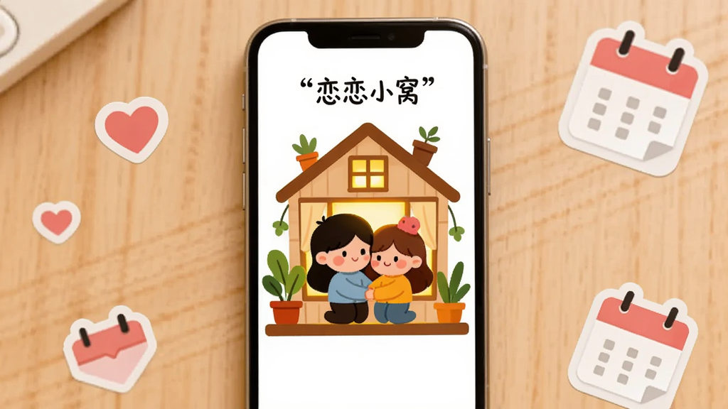 主体为一部智能手机屏幕,屏幕中央显示两个卡通情侣角色依偎在一间温馨小屋内,小屋有暖黄色灯光和绿植装饰,布局为手机居中放置于浅色木质桌面,周围散落几颗爱心贴纸和日历图标,排版简洁留白充足,风格为扁平化插画风,细节包括小屋窗户透出暖光、情侣表情微笑、屏幕上方用引号标注“恋恋小窝”字样,画质清晰干净,无多余元素