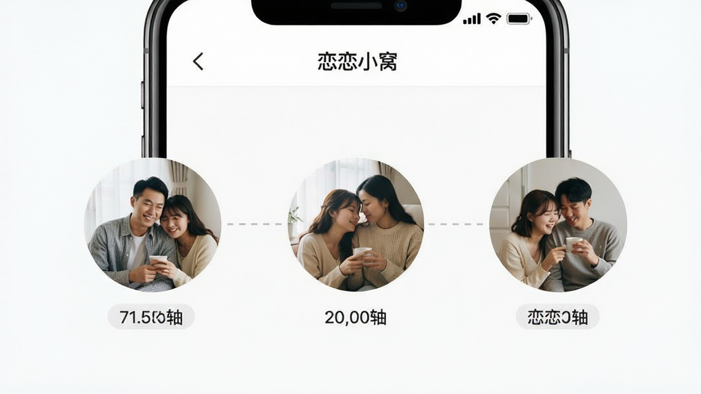 主体为一部手机屏幕展示应用内的时光轴页面,页面中有三张圆形照片缩略图按时间线排列,每张照片下方有简短文字标签,布局为手机居中、页面内容层次分明,排版突出时间线结构,风格为清爽UI界面展示风,细节包括照片为情侣日常场景、时间线用虚线连接、页面顶部有“恋恋小窝”字样,画质清晰干净,无多余元素