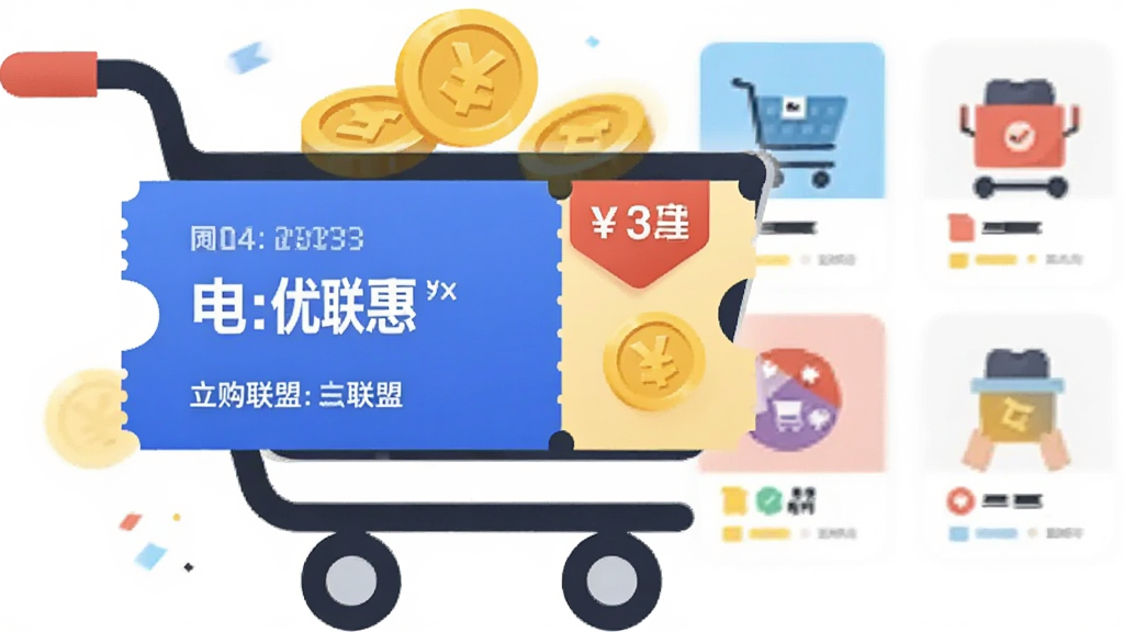 ����Ϊһ�������ĵ����Ż�ȯ�빺�ﳵͼ����ϣ��������Ż�ȯλ�ڻ�������ƫ���Ҳ�Ϊ��Ʒ��Ƭ���У�����ƽ���廭��ϸ�ڰ����ۿ۱�ǩ����Ԫ�أ����������ɾ��������пɳ���
