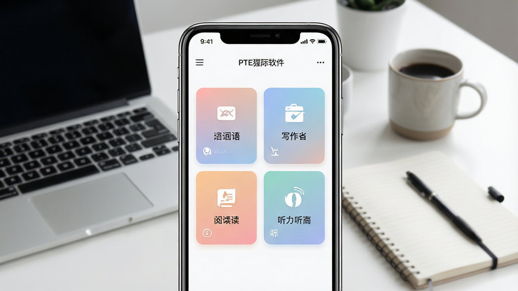 一张展示PTE猩际软件界面的手机屏幕预览图,画面中央是手机正视图,屏幕上显示英语学习APP的练习首页,包含口语、写作、阅读、听力四个功能入口卡片,背景为简约的书桌场景,桌面上有笔记本电脑、笔记本和咖啡杯,整体布局左中右对称,风格清新现代,细节包括手机边框高光和屏幕内柔和渐变配色,画质高清,干净整洁,无多余元素