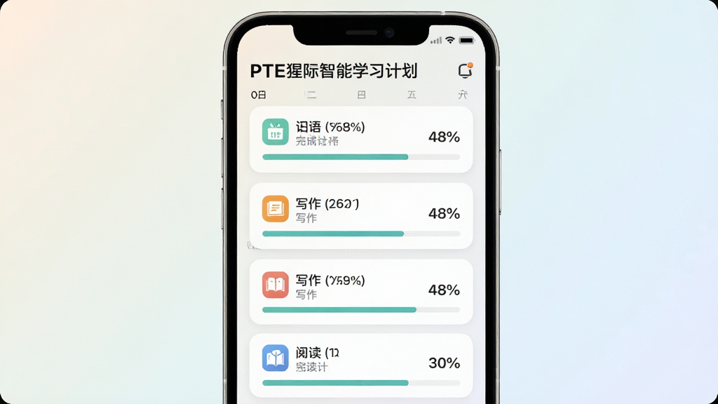 一张展示PTE猩际智能学习计划界面的手机截图风格图片,画面为手机竖屏显示日历式任务列表,每天任务卡片上有口语、写作、阅读图标和完成进度条,布局为手机居中、背景为浅色渐变,风格简约清爽,细节包括任务卡片圆角设计和进度百分比数字,画质高清,画面干净,无多余元素
