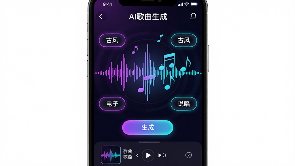 一款名为“AI歌曲生成”的手机应用界面,画面中央展示着智能作曲的波形与音符元素,四周环绕着流行、古风、电子、说唱等风格标签按钮,下方有生成按钮与歌曲播放列表,整体采用深色渐变背景搭配霓虹紫与青蓝色光效,布局清晰,风格科技感十足,细节精致,画质高清,干净无多余元素