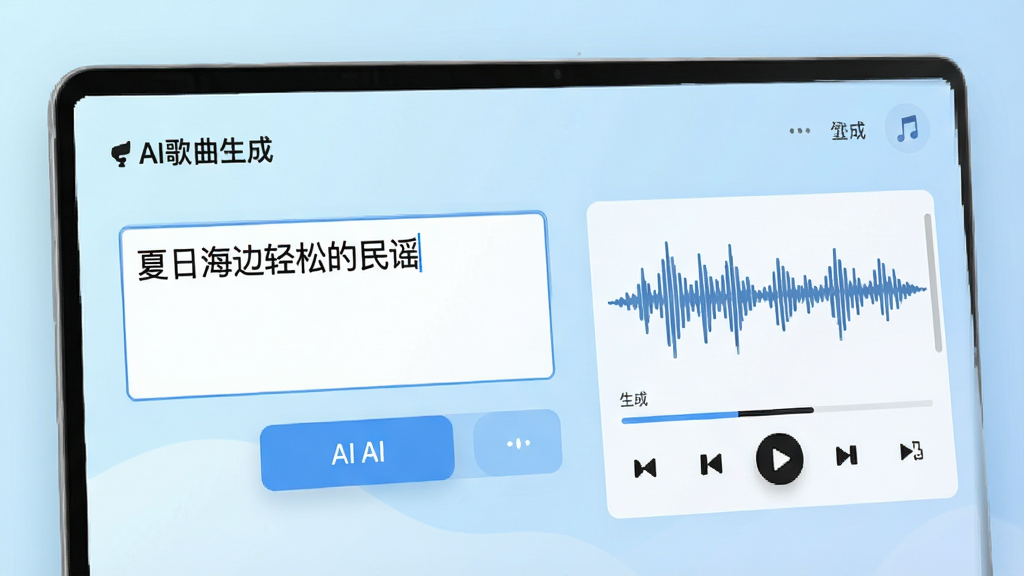 名为“AI歌曲生成”的软件界面特写,画面中一个文本输入框内写着“夏日海边轻松的民谣”,旁边有AI生成按钮,右侧展示生成的歌曲波形与播放控件,背景为柔和的浅蓝色渐变,界面布局简洁,风格清新现代,细节清晰,画质高清,干净无多余元素