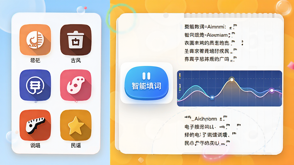 名为“AI歌曲生成”的软件功能展示图,画面左侧排列着流行、古风、电子、说唱、民谣等风格图标,右侧展示自动生成的歌词文本与旋律曲线,中间有智能填词按钮,整体采用卡片式布局,风格活泼明快,细节丰富,画质高清,干净无多余元素