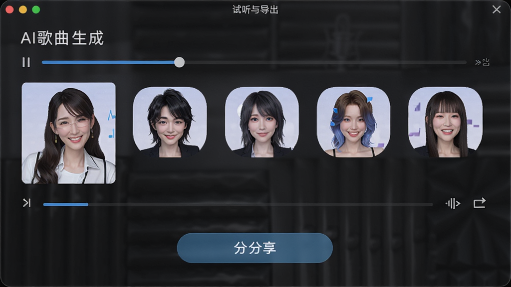 名为“AI歌曲生成”的软件试听与导出界面,画面中显示歌曲播放进度条、多个虚拟歌手头像选项以及导出与分享按钮,背景为深色磨砂质感,风格简洁专业,布局合理,细节清晰,画质高清,干净无多余元素