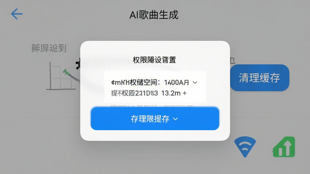 名为“AI歌曲生成”的手机应用操作界面截图,画面展示权限设置弹窗与存储空间提示,旁边有清理缓存按钮和网络状态图标,背景为浅灰色,风格简洁实用,布局清晰,细节明确,画质高清,干净无多余元素