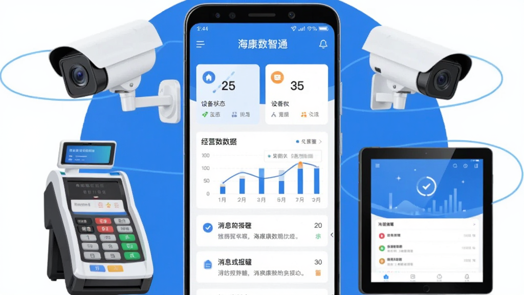 画面主体是一部竖屏安卓手机,屏幕中央展示“海康数智通”App首页界面,包含设备状态卡片、经营数据图表与消息提醒列表;手机两侧环绕安防摄像头、收银终端、平板设备等元素,形成生态环绕布局;整体采用科技蓝与白色配色,扁平化插画风格,细节清晰,画面干净无多余装饰,高清画质,适合软件下载站展示