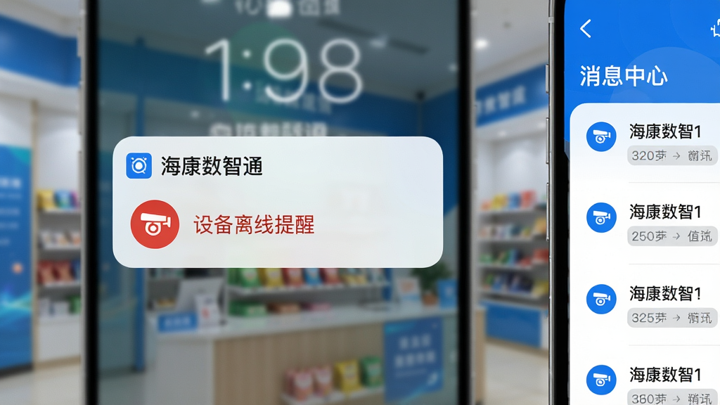 画面主体是手机锁屏界面弹出“海康数智通”告警通知卡片,卡片上带有摄像头图标与“设备离线提醒”文字,背景为模糊的门店场景;画面右侧配有消息中心列表的局部展示,整体风格简洁明快,蓝白配色,排版清晰,细节到位,高清画质,画面干净