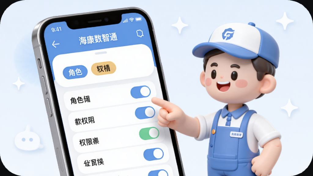 画面主体是一部手机展示“海康数智通”成员管理页面,页面中有角色标签与权限开关列表,手机旁有一位卡通风格的店长形象正在点击屏幕;整体为柔和圆角卡片风格,浅蓝与白色搭配,布局清晰,细节干净,高清画质,无杂乱元素
