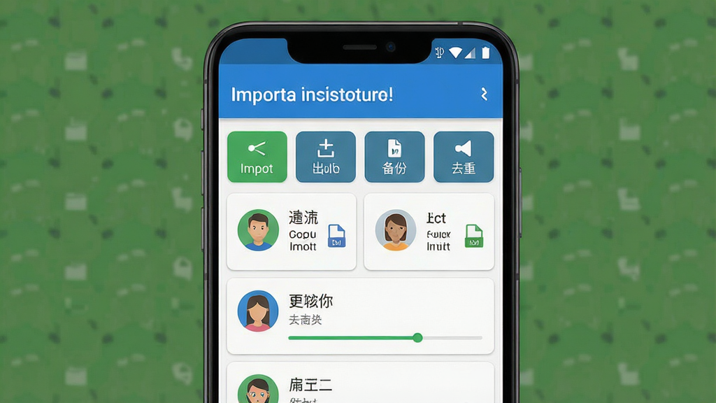 一张展示安卓手机通讯录管理界面的场景图,画面主体是一部智能手机屏幕显示通讯录导入导出软件主界面,界面中包含导入、导出、备份、去重等功能按钮,布局清晰居中,排版采用上下结构上方为软件标题下方为功能卡片列表,风格为现代扁平化UI设计,细节包含联系人头像图标、文件格式标识、进度条元素,画质高清干净无多余元素