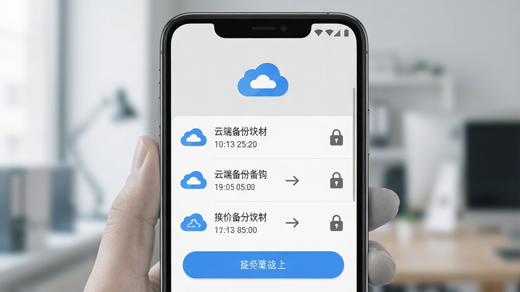 一张展示通讯录云端备份与恢复功能的手机界面图,画面主体为安卓手机屏幕显示云端备份列表与恢复按钮,布局为上方云图标下方备份记录列表,排版纵向排列,风格为浅灰质感商务风,细节包含云朵图标、时间戳、恢复箭头、加密锁标识,画质高清干净无多余元素