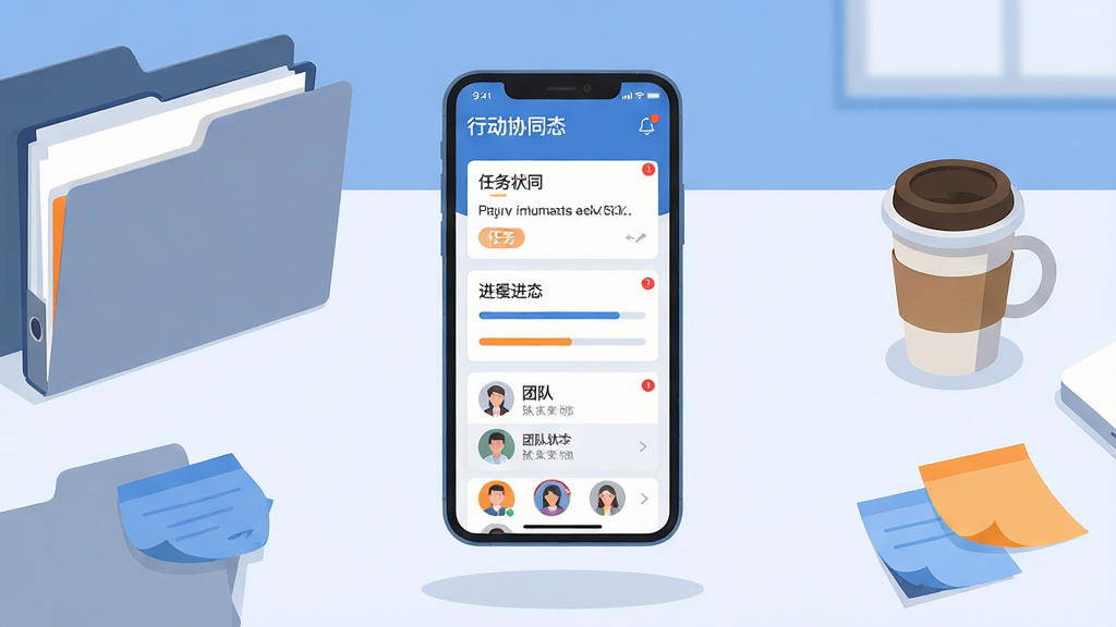 画面主体是一部智能手机,屏幕中展示行动协同应用的主界面,包含任务卡片、进度条与团队头像列表;布局采用居中构图,手机悬浮于浅色办公桌面上方,周围点缀文件夹、咖啡杯与便签纸;排版简洁清晰,手机屏幕内容为视觉焦点;风格为现代商务扁平插画风,色调以蓝白灰为主,点缀少量橙色强调;细节包括屏幕内可辨识“行动协同”字样、任务状态标签与消息红点;画质高清,干净利落,无多余元素