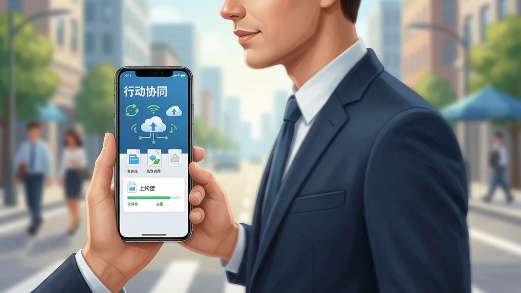 画面主体为一名商务人士站在户外使用手机,手机屏幕显示“行动协同”数据同步界面与上传进度;布局为人物侧身居中,背景为城市街景虚化处理;排版突出手机屏幕内容;风格为写实商务插画,色调明亮;细节包括同步图标、云端符号与文件缩略图;画质高清,画面干净,无多余元素