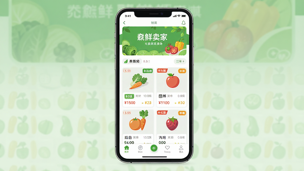 主体是一部智能手机居中放置,屏幕显示生鲜商品列表与订单卡片界面,布局为上下分层,上方是绿色生鲜横幅,下方是商品网格与底部导航栏,排版简洁清晰,风格为扁平化移动应用展示风,细节包含蔬菜水果图标、价格标签、待处理订单角标,画质高清干净无多余元素,画面中文字为“鲜卖家”