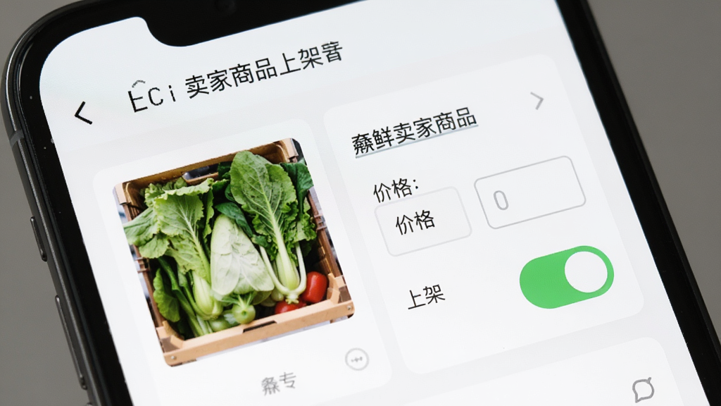 主体是手机屏幕特写,显示商品上架表单,布局为左侧图片上传区右侧文字填写区,排版为卡片式表单,风格为清爽工具类界面,细节包含蔬菜缩略图、价格输入框、上架开关按钮,画质清晰干净无多余元素,画面中文字为“鲜卖家 商品上架”