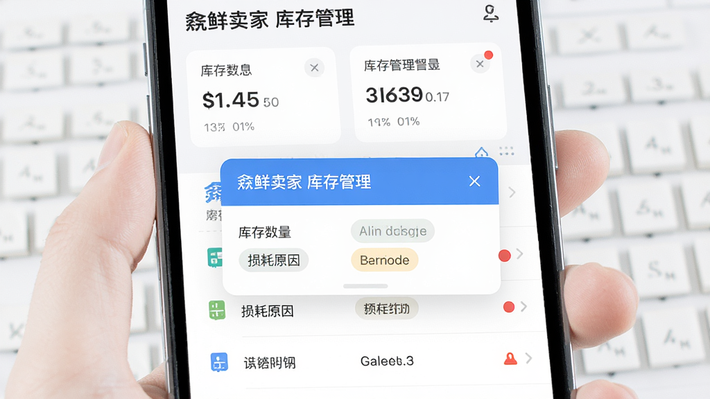 主体是手机界面展示库存列表与损耗登记弹窗,布局为上方统计卡片下方明细列表,排版为纵向信息流,风格为轻量数据管理风,细节包含库存数量、损耗原因标签、预警红色圆点,画质高清干净无多余元素,画面中文字为“鲜卖家 库存管理”