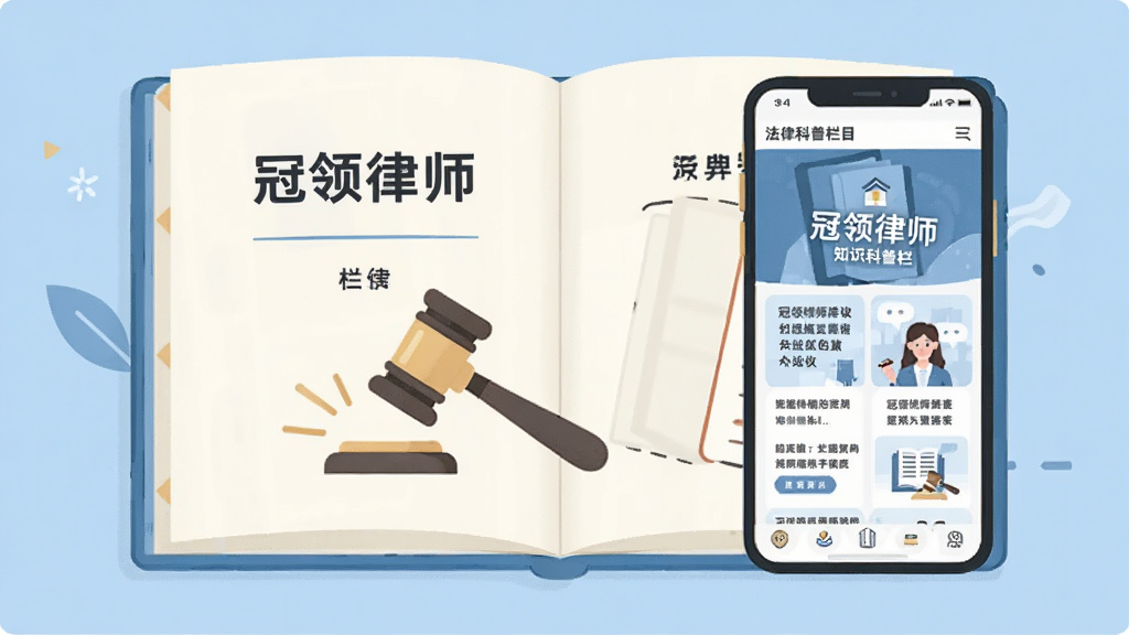 画面主体为打开的法律知识手册与手机屏幕并列摆放,屏幕中显示“冠领律师”知识科普栏目页面,布局为左右对称构图,风格为清新扁平插画,配色以浅蓝与米白为主,细节简洁,画质干净,无多余装饰