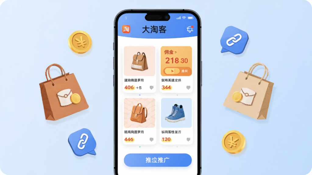 画面中央展示一部智能手机,手机屏幕内呈现大淘客联盟的首页界面,包含商品卡片、佣金数字与推广按钮,手机两侧漂浮购物袋、金币与链接图标,背景为浅蓝渐变,布局居中对称,风格为扁平化科技插画,细节包含柔和阴影与圆角卡片,画质清晰干净,无多余元素