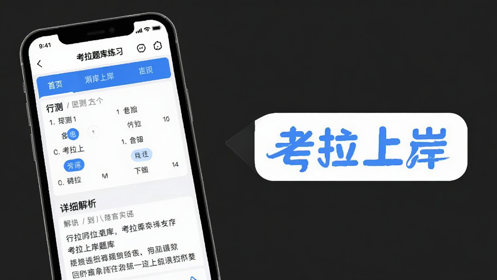 考拉上岸题库练习界面展示,手机屏幕上呈现行测选择题与详细解析,界面配色为白色与蓝色,旁边配有