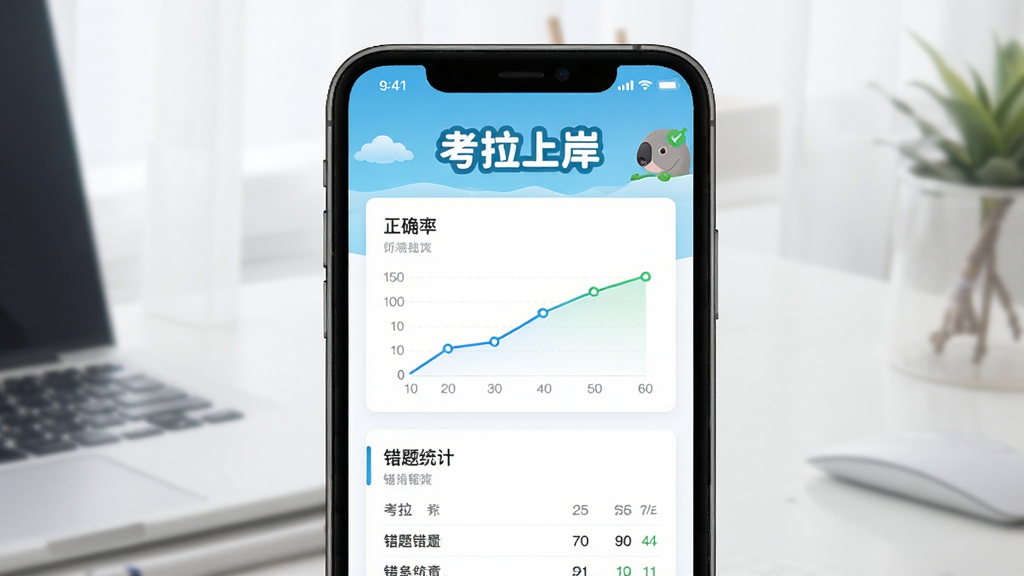 考拉上岸学习报告页面展示,手机屏幕上呈现正确率曲线图与错题统计模块,界面风格简洁明亮,配有