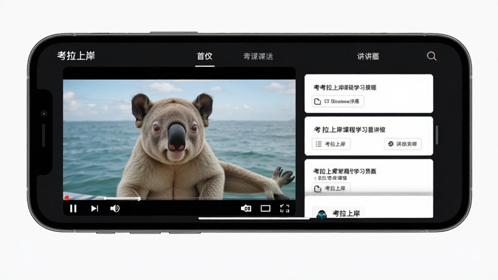 考拉上岸课程学习界面展示,手机横屏呈现视频播放画面与讲义列表,界面为深色护眼模式,配有