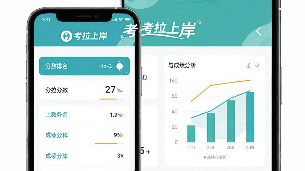 考拉上岸模考成绩页面展示,手机屏幕上呈现分数排名列表与成绩分析图表,界面配色清爽,带有