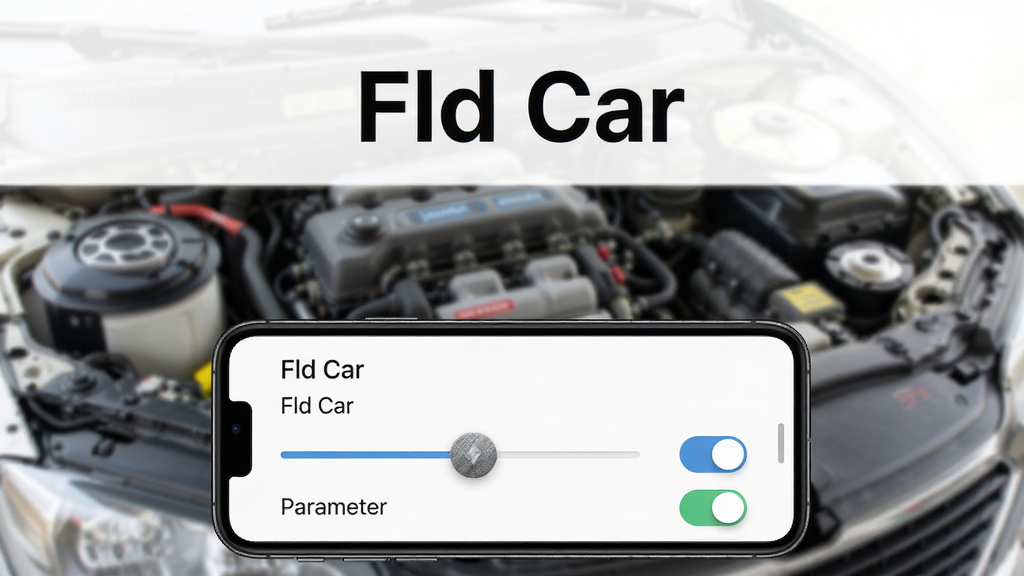 手机屏幕显示“Fld Car”参数配置页面,页面中有滑动条与开关控件,背景为虚化的汽车发动机舱,布局上手机位于画面下方三分之一处,上方留白展示软件名称“Fld Car”,风格为现代扁平化设计,细节突出控件质感与文字标签,画质高清,画面干净,无多余元素