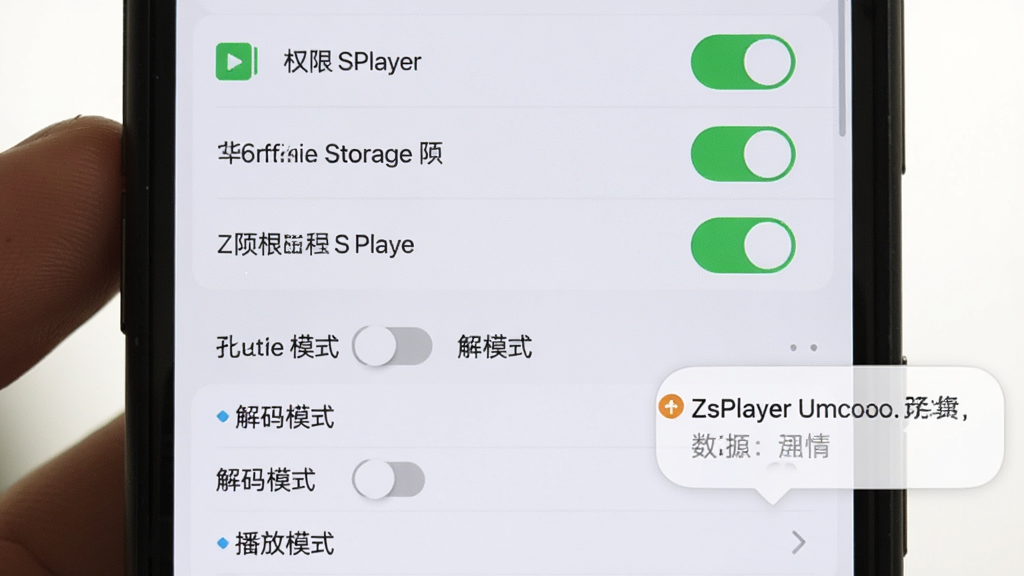主体为手机屏幕展示ZsPlayer权限设置与播放优化界面,布局为上下结构,排版为上方权限开关列表下方播放参数选项,风格为简洁实用风,细节包含存储权限图标、解码模式切换与提示气泡,画质高清、干净、无多余元素