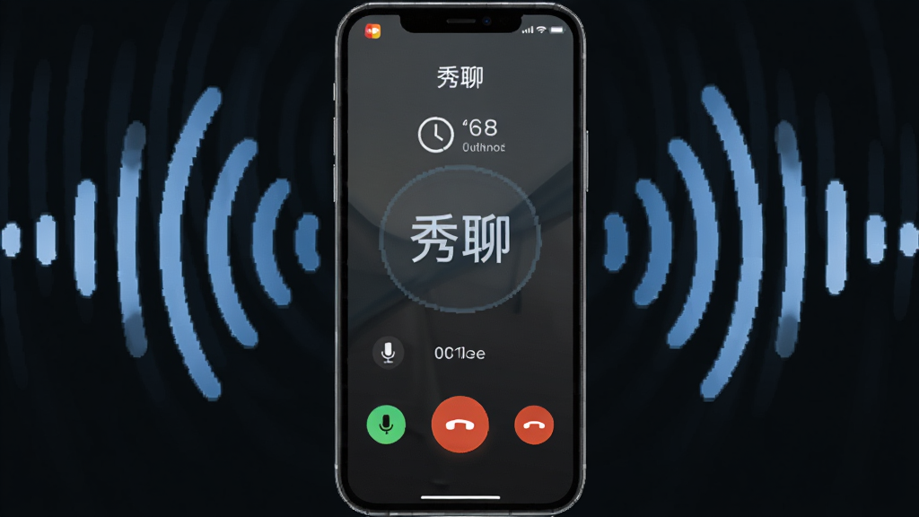 一部手机屏幕显示语音通话界面,主体为手机与声波图标组合,布局为手机居中、声波环绕手机两侧,排版突出通话按钮,风格为清爽科技感,细节包括麦克风图标、计时器、挂断按钮,画面中带文字