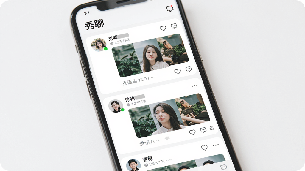 手机屏幕展示社交动态广场页面,主体为手机与多条动态卡片,布局为纵向列表滚动样式,排版清晰,风格为明亮清新社交风,细节包括用户头像、图片缩略图、点赞评论图标,画面中带文字