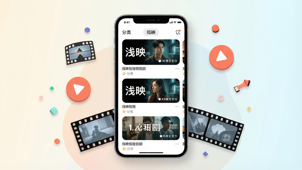 一张手机屏幕展示浅映短剧播放界面的场景图,画面中央是一部竖屏手机,屏幕上呈现浅映应用的短剧列表页面,包含多张短剧封面缩略图与分类标签,手机周围散落着电影胶片、播放按钮图标与简约装饰元素,布局为居中构图、上下留白均衡,排版突出手机主体与界面细节,风格为现代扁平化插画风,细节包括圆角卡片、柔和阴影与浅色渐变背景,画质清晰干净,无多余元素