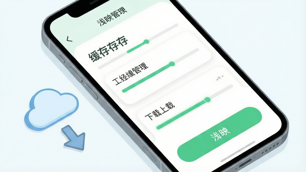一张展示浅映应用离线缓存功能的界面示意图,画面为手机屏幕特写,屏幕中呈现缓存管理列表与下载进度条,手机旁配有云朵与下载箭头图标,布局为斜角俯视构图,排版突出屏幕内容与操作按钮,风格为清新浅色扁平风,细节包括圆角列表卡片、绿色进度标识与简洁文字标签,画质干净清晰,画面中带有“浅映”字样,无多余元素