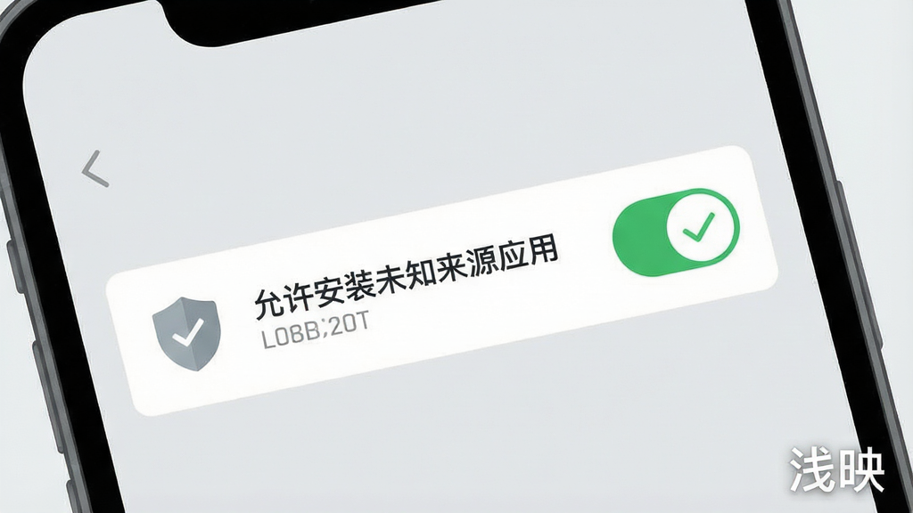一张展示手机应用安装权限设置界面的示意图,画面为手机屏幕特写,屏幕中呈现“允许安装未知来源应用”的开关设置页面,旁边配有盾牌图标与勾选标记,布局为居中构图,排版突出设置开关与提示文字,风格为简洁扁平化界面风,细节包括浅灰色背景、绿色开关与清晰文字标签,画质干净,画面中带有“浅映”文字,无多余元素