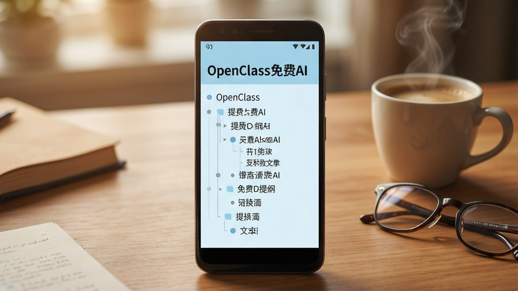 һ��չʾOpenClass���AI������ɹ��ܵ�ʾ��ͼ������Ϊһ����׿�ֻ���Ļ����Ļ����ʾһ���ɳ��ı�ת�����ɵĲ㼶����б����б���ǰ��Բ���ǣ������С�OpenClass���AI�����֡��ֻ�������һ��ľ�������ϣ��Ա���һ�����Ⱥ�һ���۾�������Ϊ�ֻ����У�����Ԫ����Ȼ���ơ����Ϊ��ůѧϰ��Χ��ɫ����ůľɫ��ǳ������Ϊ����ϸ������ٲ㼶���������ȱ�����΢�����������黯��͡����ʸ��壬�ɾ��޶���Ԫ�ء�