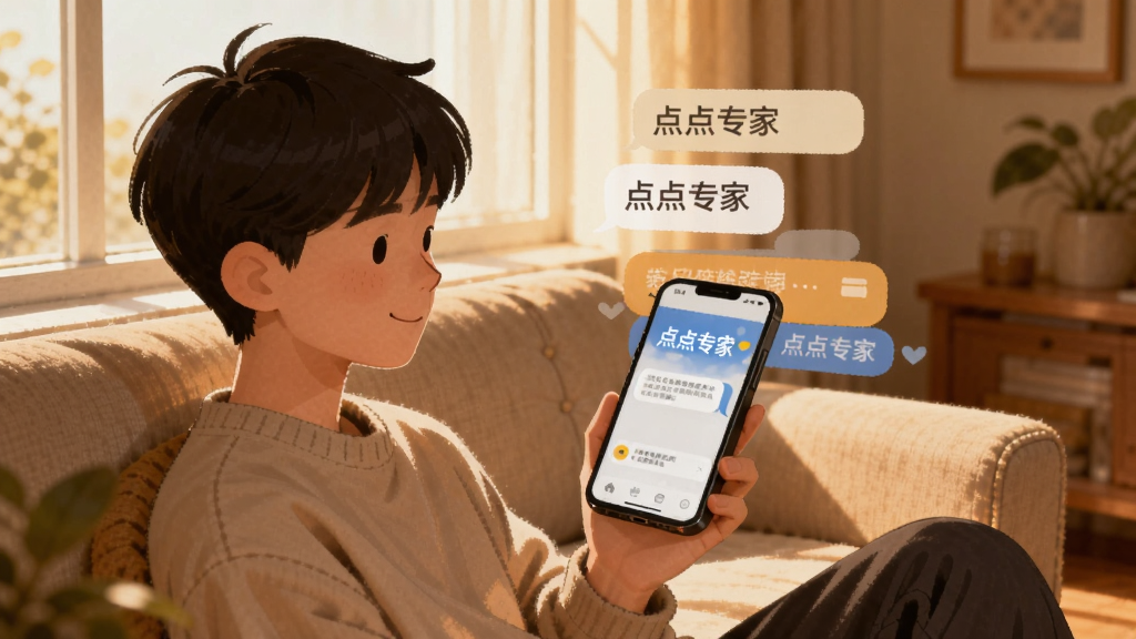 一位年轻人坐在窗边沙发上手持手机,手机屏幕显示
