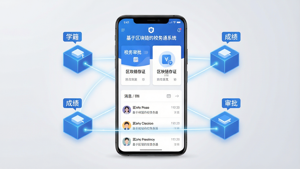 画面中央是一台竖屏安卓手机,手机屏幕上显示“基于区块链的校务通系统”的应用主界面,界面包含校务审批卡片、区块链存证标识与消息列表,手机周围环绕着由发光线条连接的区块节点图形,节点上带有“学籍”“成绩”“审批”等小标签,整体采用蓝白科技配色,扁平化UI风格,背景为浅灰色渐变,画面干净整洁,细节清晰,高分辨率,无多余装饰元素