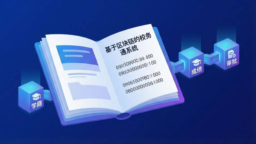 画面主体是一本翻开的电子档案册悬浮在深蓝色背景中央,档案册页面显示“基于区块链的校务通系统”字样与数据哈希值,档案册后方延伸出一条由发光方块组成的区块链条,每个方块内标注“学籍”“成绩”“审批”图标,整体采用科技感扁平插画风格,蓝紫渐变配色,构图居中对称,画面干净,高清晰度,无杂乱元素