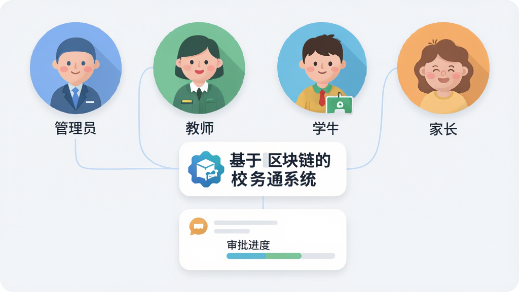 画面展示四个不同颜色的圆形角色头像排列在浅色背景上,分别标注“管理员”“教师”“学生”“家长”,头像之间用细线连接至中央的“基于区块链的校务通系统”标志,标志下方是一个消息通知气泡与审批进度条,整体采用清新扁平化风格,圆角卡片布局,配色柔和,画面整洁,高分辨率,无多余元素