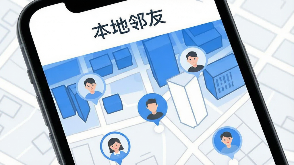 一张手机屏幕展示同城地图上散布多个用户头像圆点,界面顶部写有