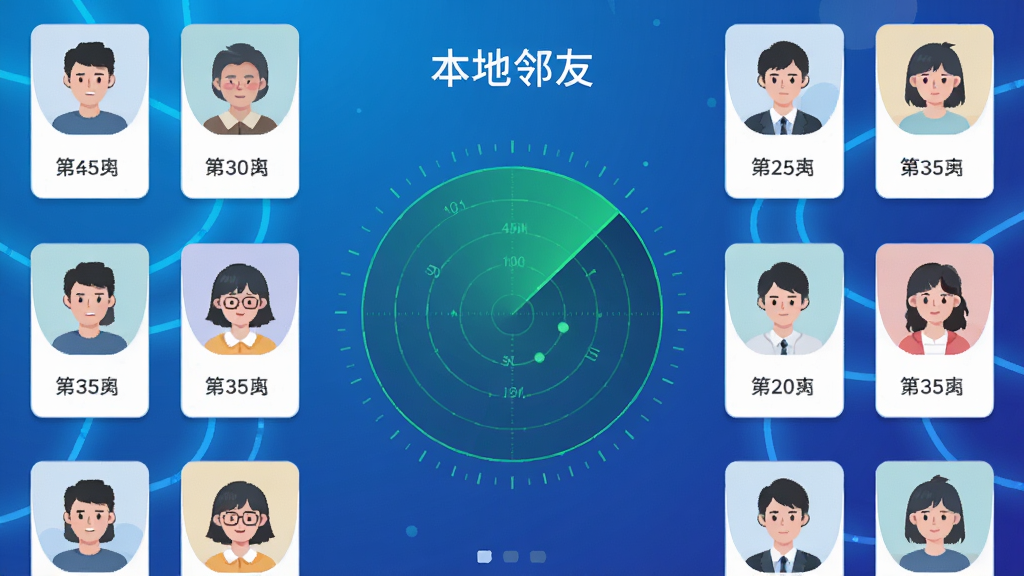 手机界面中央是一个圆形雷达扫描动画,周围分布多个头像卡片,卡片下方标注距离数值,顶部标题